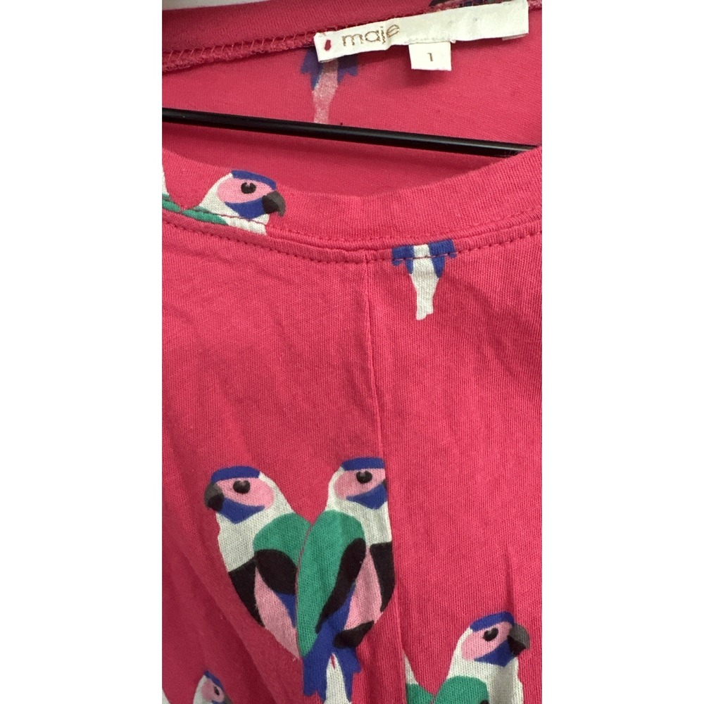 MAJE Women Size Small Parrot Scoop Shirt Pink Tie Waist Tropical Resort‎ Wear